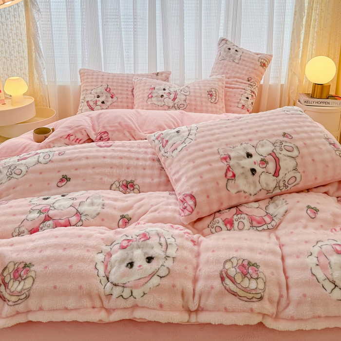 91家纺网 家纺一手货源 找家纺 小叮当家纺仓储工厂店 2025新款印花兔兔绒牛奶绒大泡泡单被套 被套单件 甜心小猫