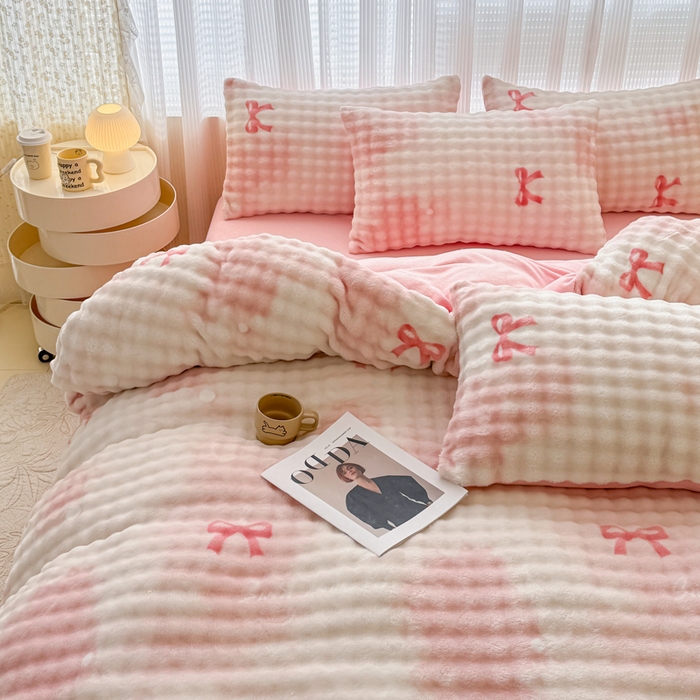 小叮当家纺仓储工厂店 2025新款印花兔兔绒牛奶绒大泡泡单被套 被套单件 大泡泡-蝴蝶结粉