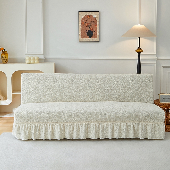 91家纺网 家纺一手货源 找家纺 逐日沙发套 2025新款提花裙摆沙发床套 裙摆沙发床套 欧艺-米白