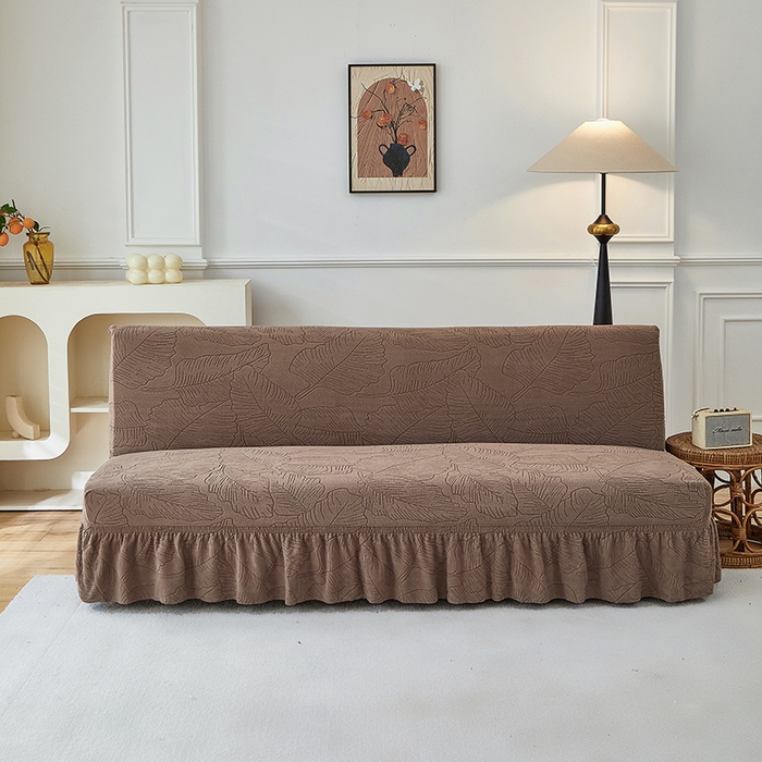 91家纺网 家纺一手货源 找家纺 逐日沙发套 2025新款提花裙摆沙发床套 裙摆沙发床套 叶沙-咖色