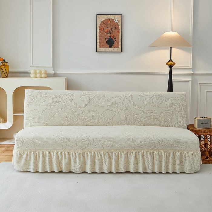 91家纺网 家纺一手货源 找家纺 逐日沙发套 2025新款提花裙摆沙发床套 裙摆沙发床套 叶沙-米白