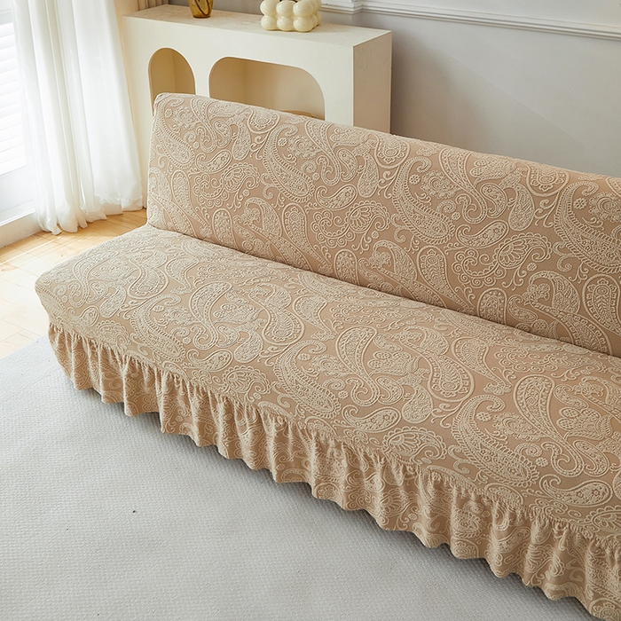 91家纺网 家纺一手货源 找家纺 逐日沙发套 2025新款提花裙摆沙发床套 裙摆沙发床套 古罗-卡其