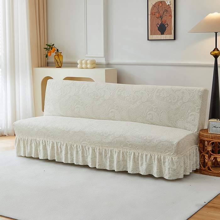 91家纺网 家纺一手货源 找家纺 逐日沙发套 2025新款提花裙摆沙发床套 裙摆沙发床套 古罗-米白