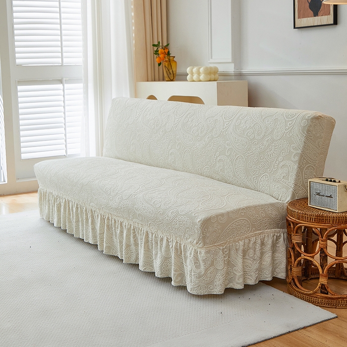 91家纺网 家纺一手货源 找家纺 逐日沙发套 2025新款提花裙摆沙发床套 裙摆沙发床套 古罗-米白