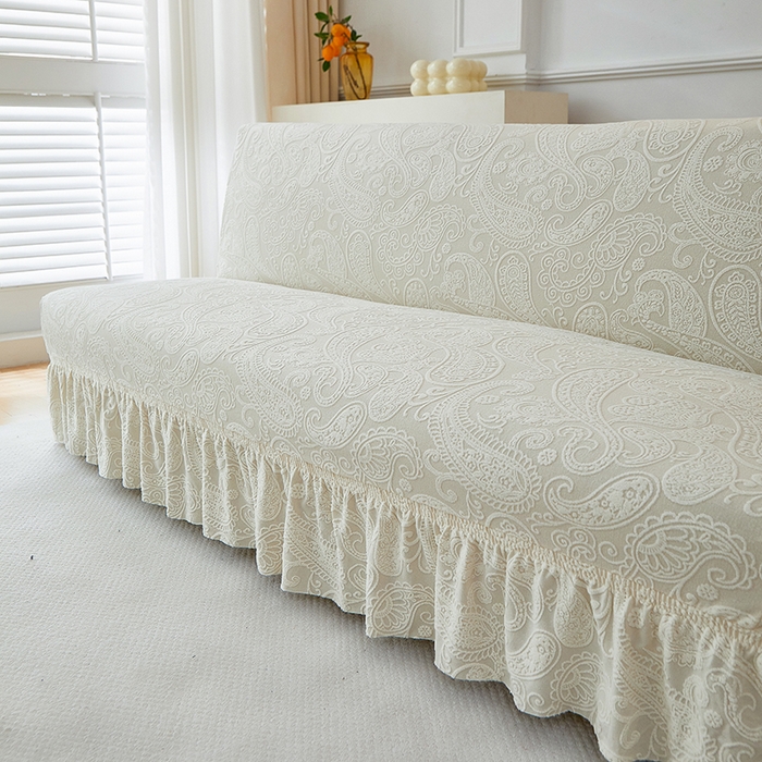 91家纺网 家纺一手货源 找家纺 逐日沙发套 2025新款提花裙摆沙发床套 裙摆沙发床套 古罗-米白