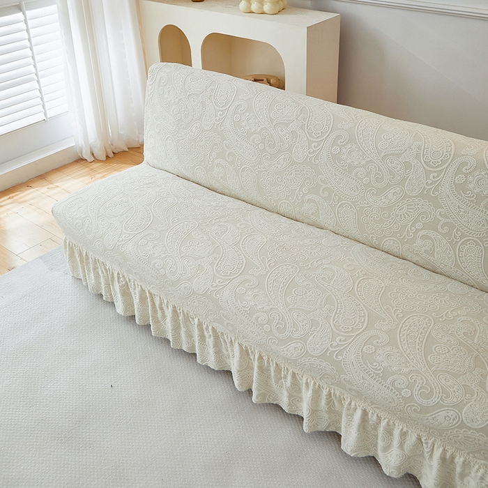 91家纺网 家纺一手货源 找家纺 逐日沙发套 2025新款提花裙摆沙发床套 裙摆沙发床套 古罗-米白