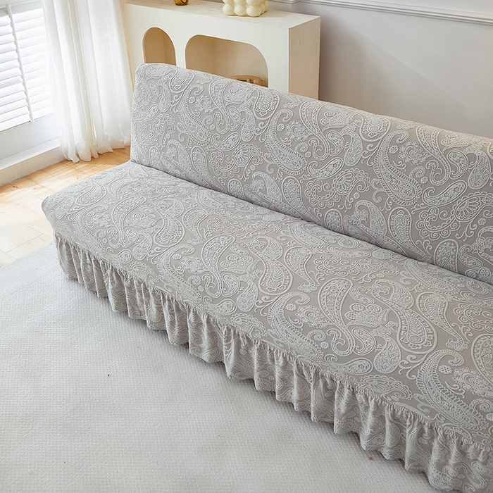 91家纺网 家纺一手货源 找家纺 逐日沙发套 2025新款提花裙摆沙发床套 裙摆沙发床套 古罗-浅灰