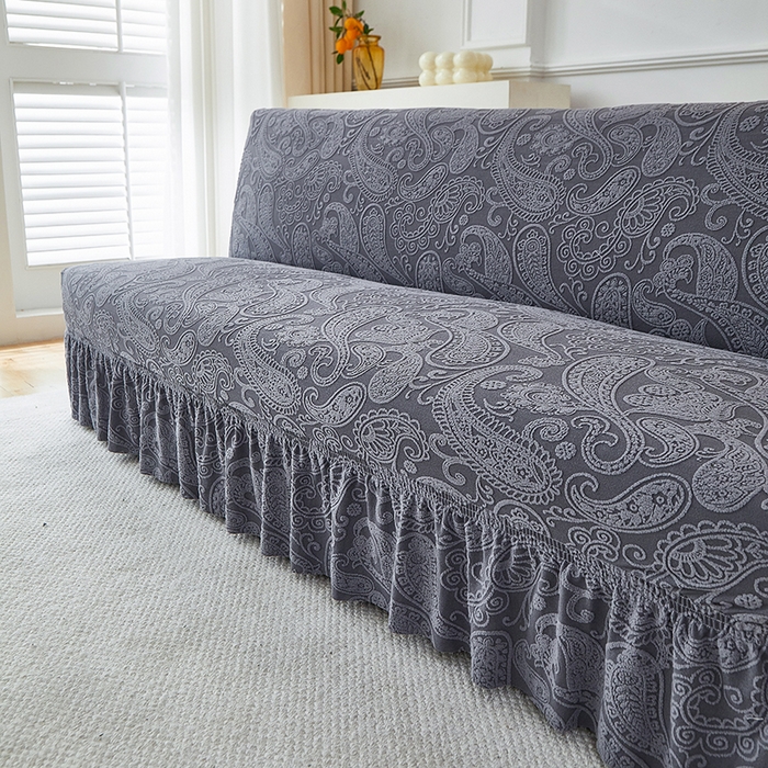 91家纺网 家纺一手货源 找家纺 逐日沙发套 2025新款提花裙摆沙发床套 裙摆沙发床套 古罗-深灰