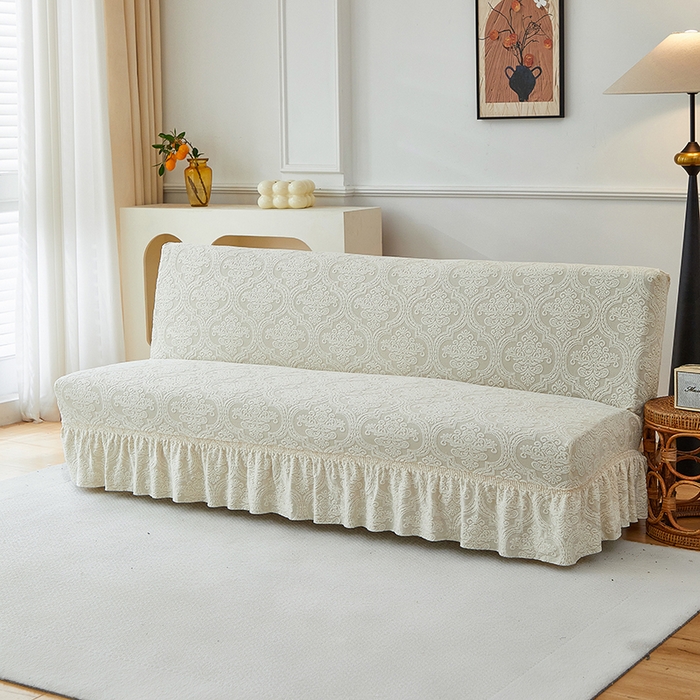 91家纺网 家纺一手货源 找家纺 逐日沙发套 2025新款提花裙摆沙发床套 裙摆沙发床套 欧艺-米白