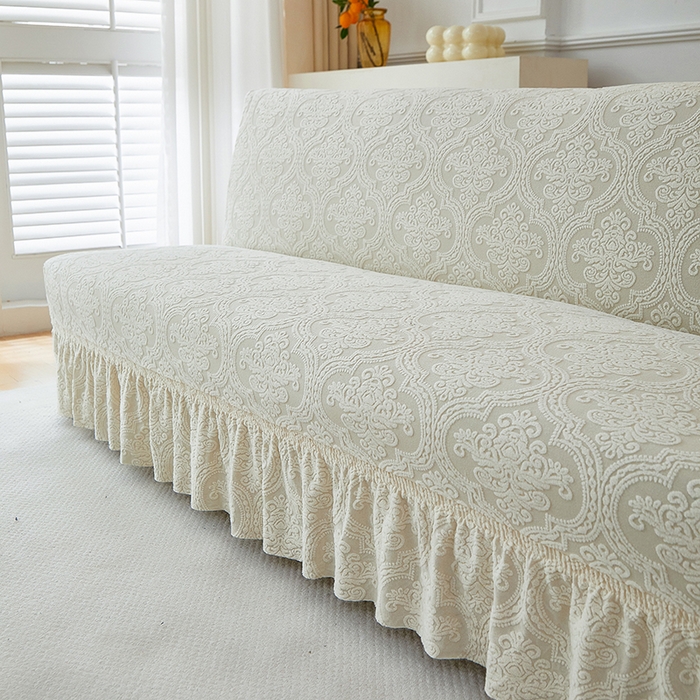 91家纺网 家纺一手货源 找家纺 逐日沙发套 2025新款提花裙摆沙发床套 裙摆沙发床套 欧艺-米白