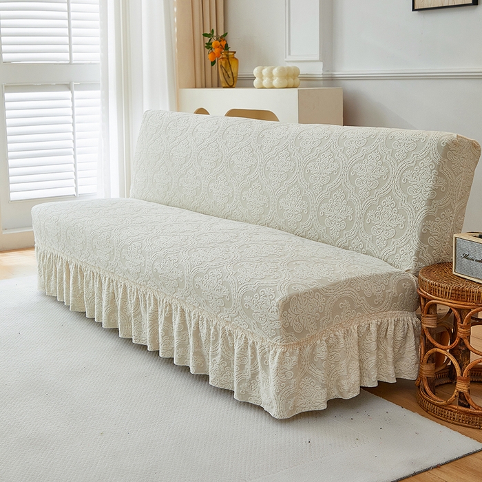 91家纺网 家纺一手货源 找家纺 逐日沙发套 2025新款提花裙摆沙发床套 裙摆沙发床套 欧艺-米白