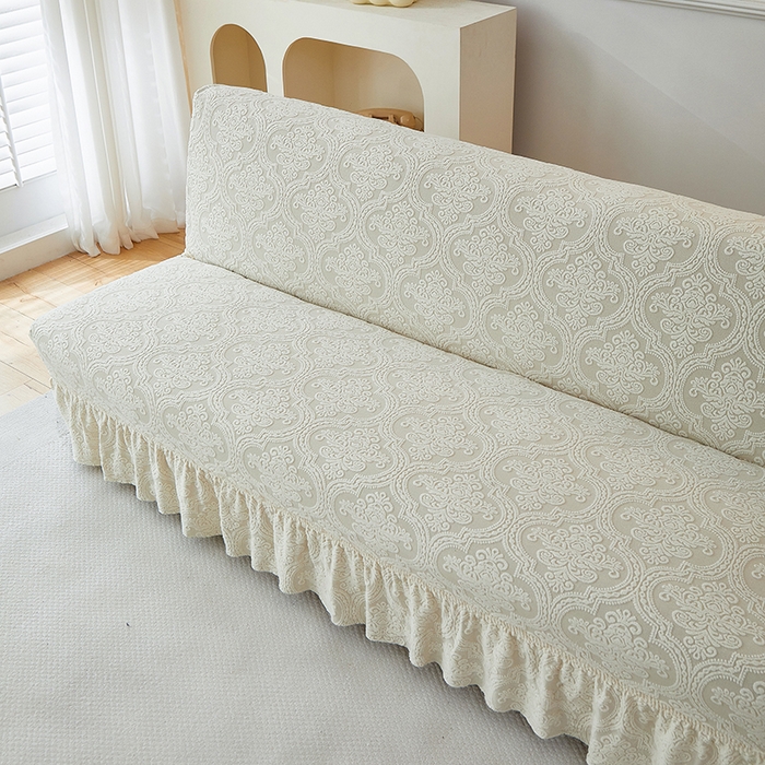 91家纺网 家纺一手货源 找家纺 逐日沙发套 2025新款提花裙摆沙发床套 裙摆沙发床套 欧艺-米白