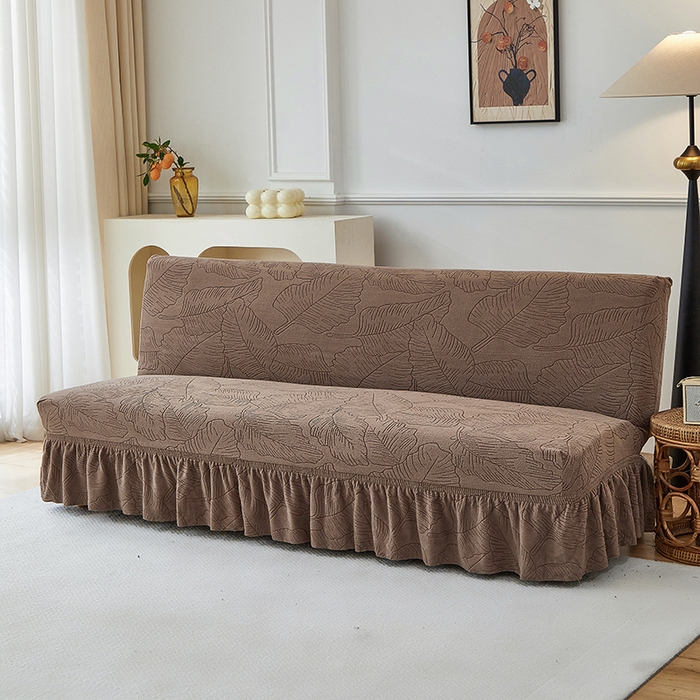 91家纺网 家纺一手货源 找家纺 逐日沙发套 2025新款提花裙摆沙发床套 裙摆沙发床套 叶沙-咖色