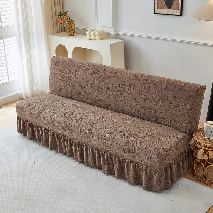 91家纺网 家纺一手货源 找家纺 逐日沙发套 2025新款提花裙摆沙发床套 裙摆沙发床套 叶沙-咖色