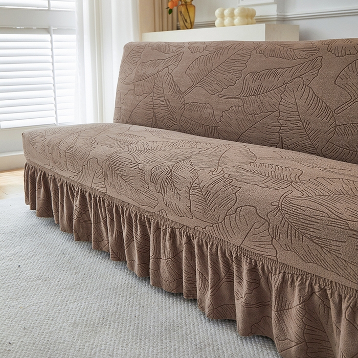 91家纺网 家纺一手货源 找家纺 逐日沙发套 2025新款提花裙摆沙发床套 裙摆沙发床套 叶沙-咖色