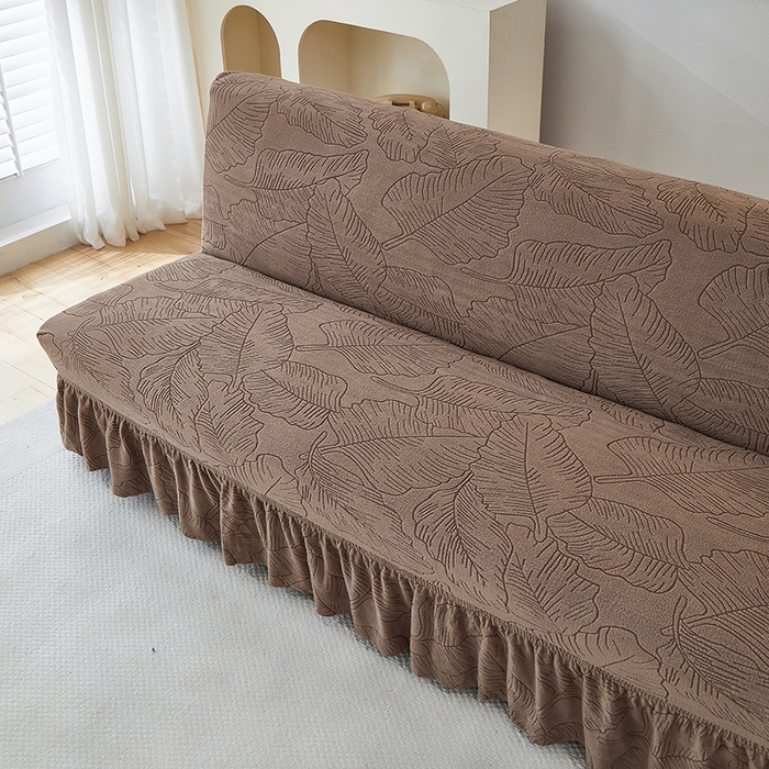 91家纺网 家纺一手货源 找家纺 逐日沙发套 2025新款提花裙摆沙发床套 裙摆沙发床套 叶沙-咖色