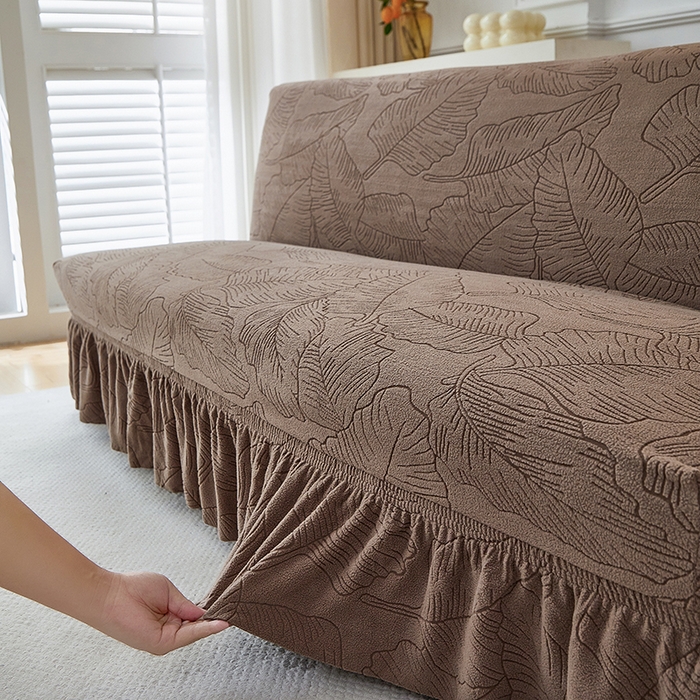 91家纺网 家纺一手货源 找家纺 逐日沙发套 2025新款提花裙摆沙发床套 裙摆沙发床套 叶沙-咖色