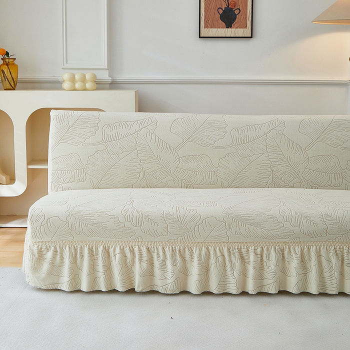 91家纺网 家纺一手货源 找家纺 逐日沙发套 2025新款提花裙摆沙发床套 裙摆沙发床套 叶沙-米白