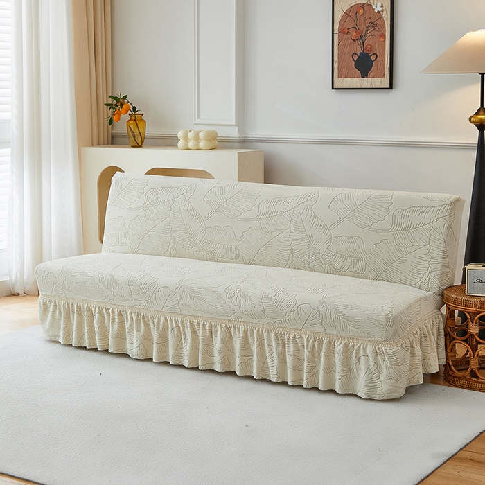 91家纺网 家纺一手货源 找家纺 逐日沙发套 2025新款提花裙摆沙发床套 裙摆沙发床套 叶沙-米白