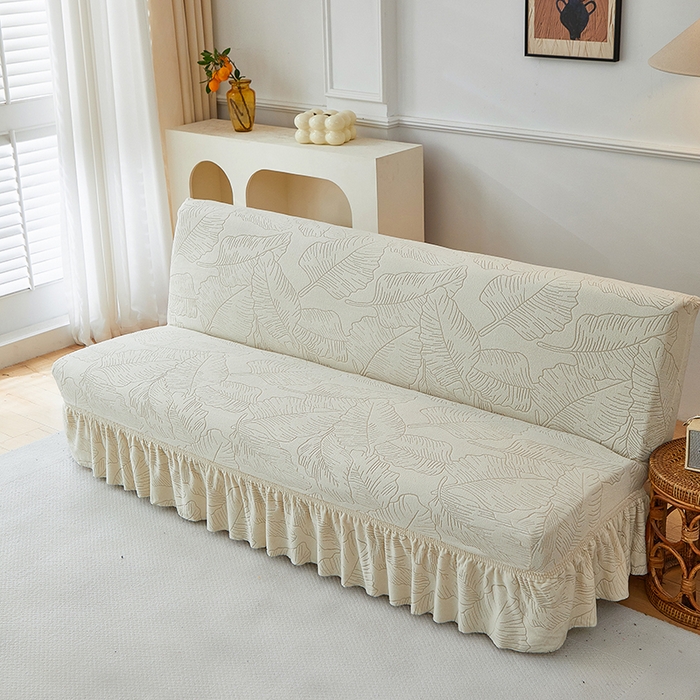 91家纺网 家纺一手货源 找家纺 逐日沙发套 2025新款提花裙摆沙发床套 裙摆沙发床套 叶沙-米白