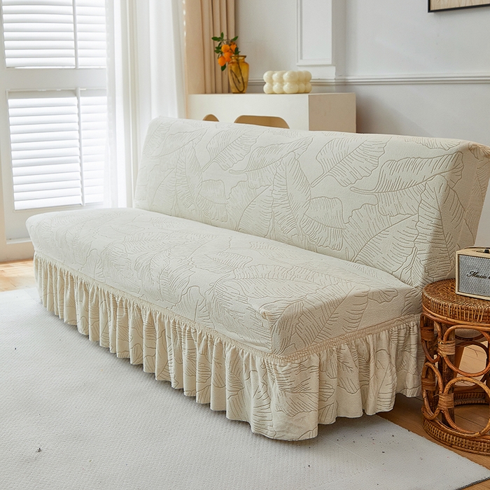 91家纺网 家纺一手货源 找家纺 逐日沙发套 2025新款提花裙摆沙发床套 裙摆沙发床套 叶沙-米白