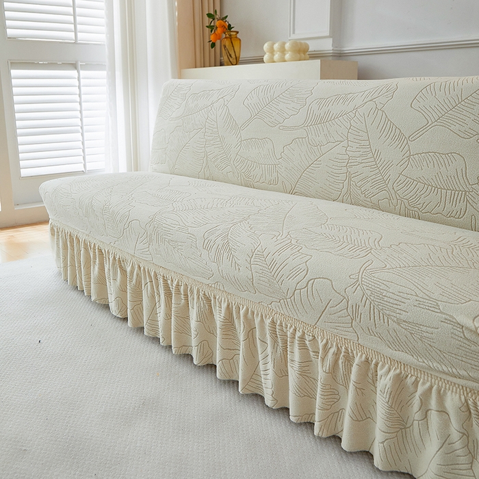 91家纺网 家纺一手货源 找家纺 逐日沙发套 2025新款提花裙摆沙发床套 裙摆沙发床套 叶沙-米白