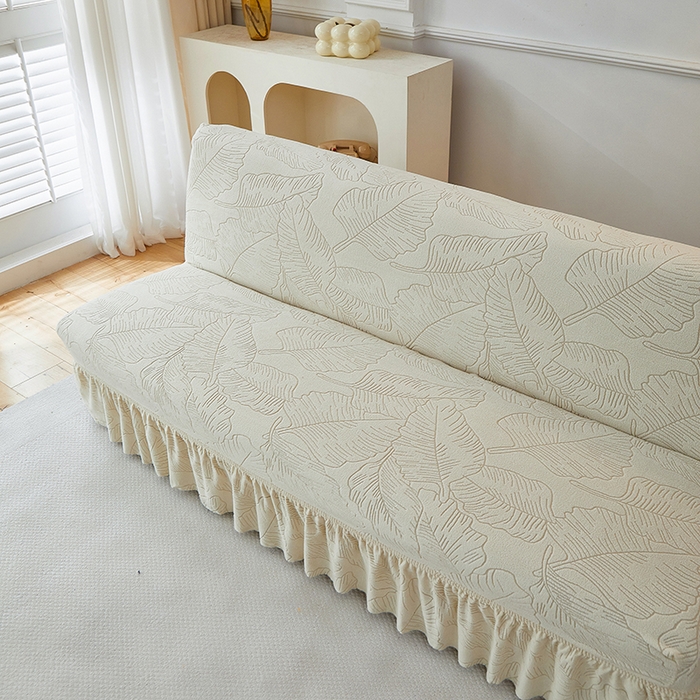 91家纺网 家纺一手货源 找家纺 逐日沙发套 2025新款提花裙摆沙发床套 裙摆沙发床套 叶沙-米白