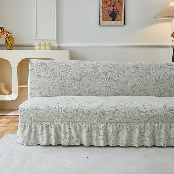 91家纺网 家纺一手货源 找家纺 逐日沙发套 2025新款提花裙摆沙发床套 裙摆沙发床套 叶沙-浅灰