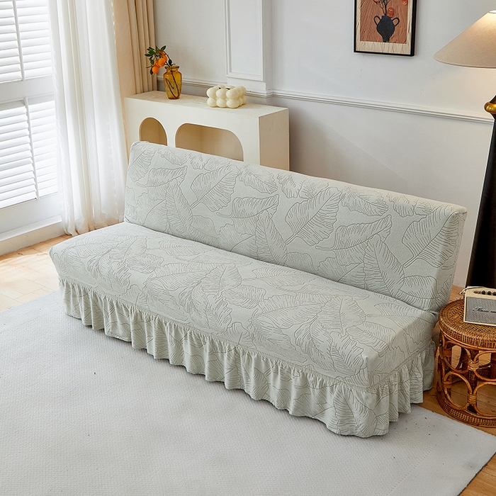 91家纺网 家纺一手货源 找家纺 逐日沙发套 2025新款提花裙摆沙发床套 裙摆沙发床套 叶沙-浅灰
