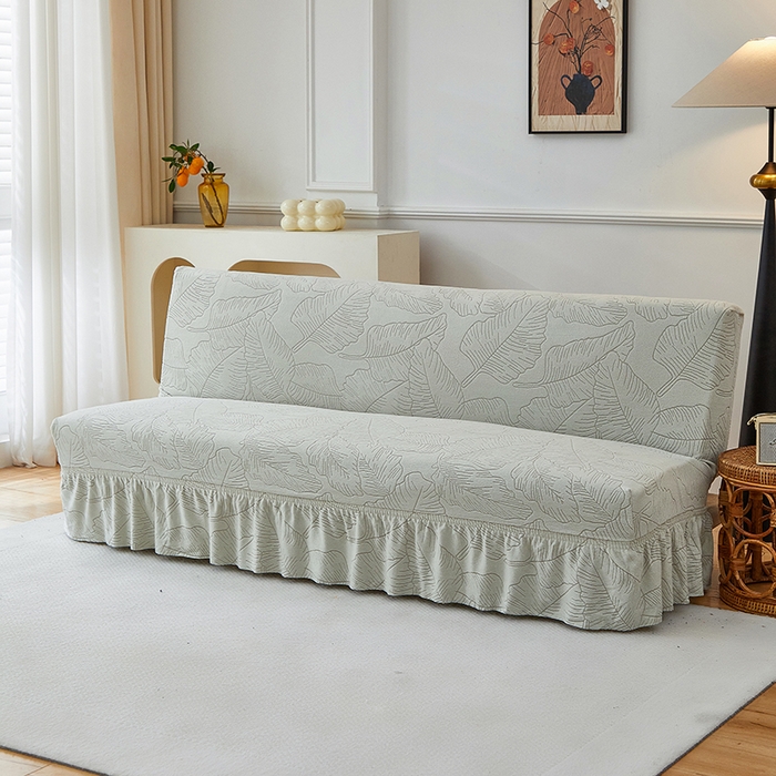91家纺网 家纺一手货源 找家纺 逐日沙发套 2025新款提花裙摆沙发床套 裙摆沙发床套 叶沙-浅灰