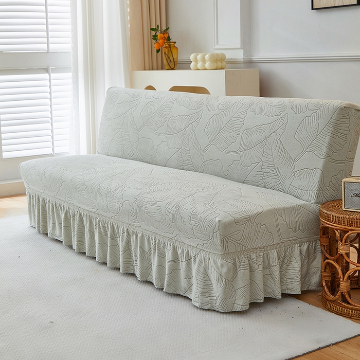 91家纺网 家纺一手货源 找家纺 逐日沙发套 2025新款提花裙摆沙发床套 裙摆沙发床套 叶沙-浅灰