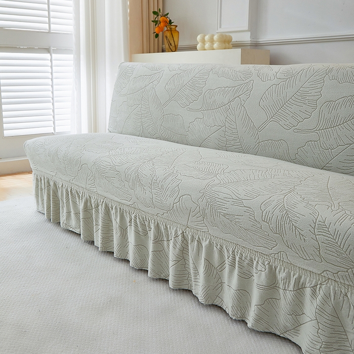 91家纺网 家纺一手货源 找家纺 逐日沙发套 2025新款提花裙摆沙发床套 裙摆沙发床套 叶沙-浅灰