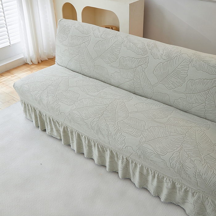91家纺网 家纺一手货源 找家纺 逐日沙发套 2025新款提花裙摆沙发床套 裙摆沙发床套 叶沙-浅灰