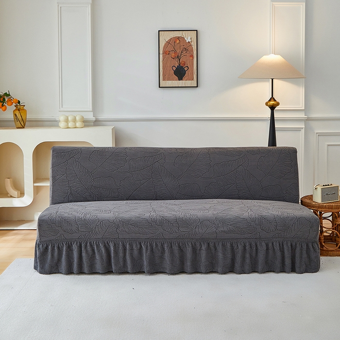 逐日沙发套 2025新款提花裙摆沙发床套 裙摆沙发床套 叶沙-深灰