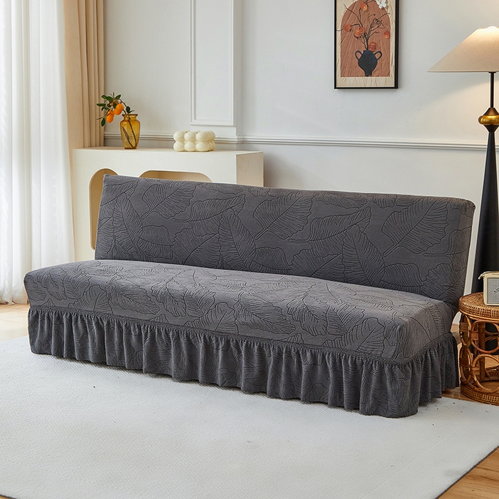 91家纺网 家纺一手货源 找家纺 逐日沙发套 2025新款提花裙摆沙发床套 裙摆沙发床套 叶沙-深灰