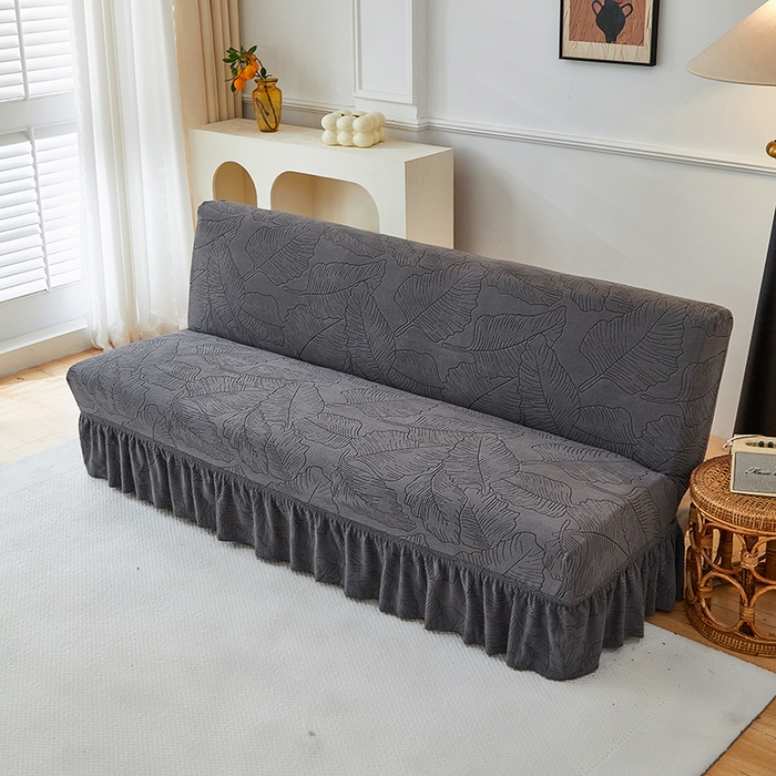 91家纺网 家纺一手货源 找家纺 逐日沙发套 2025新款提花裙摆沙发床套 裙摆沙发床套 叶沙-深灰