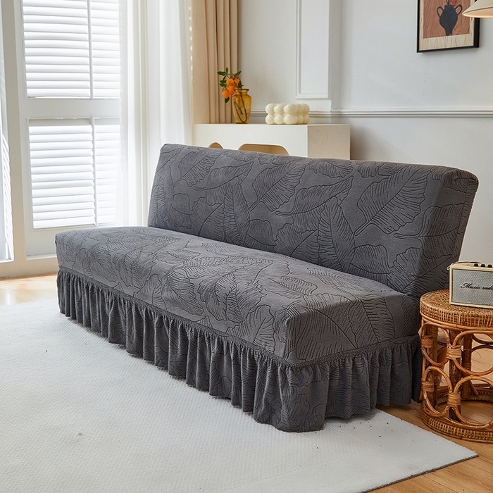 91家纺网 家纺一手货源 找家纺 逐日沙发套 2025新款提花裙摆沙发床套 裙摆沙发床套 叶沙-深灰