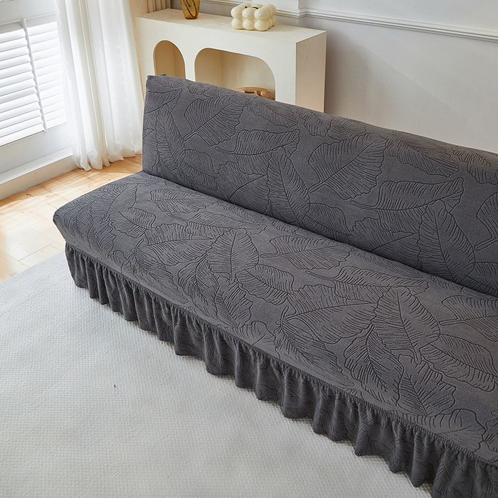 91家纺网 家纺一手货源 找家纺 逐日沙发套 2025新款提花裙摆沙发床套 裙摆沙发床套 叶沙-深灰