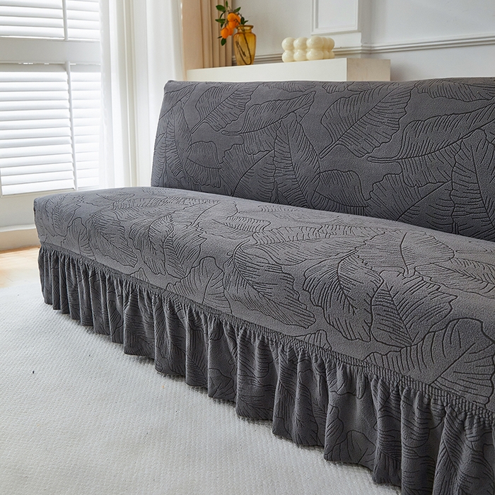 91家纺网 家纺一手货源 找家纺 逐日沙发套 2025新款提花裙摆沙发床套 裙摆沙发床套 叶沙-深灰