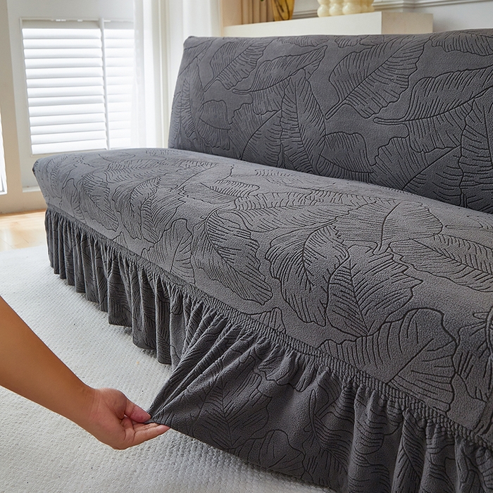 91家纺网 家纺一手货源 找家纺 逐日沙发套 2025新款提花裙摆沙发床套 裙摆沙发床套 叶沙-深灰