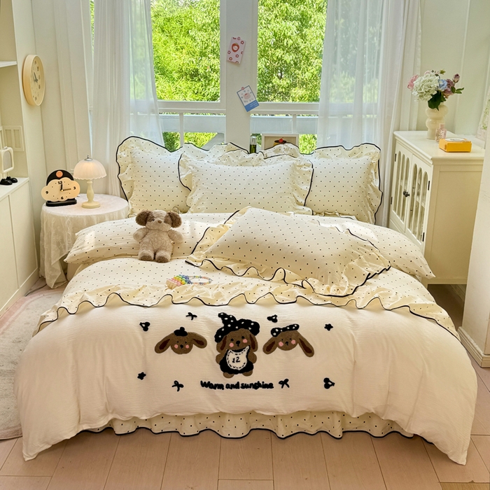 91家纺网 家纺一手货源 找家纺 （总）麋兔 2025新款双层纱毛巾绣花边四件套