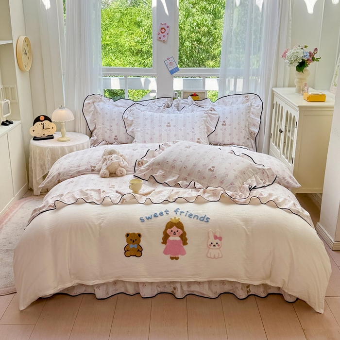 91家纺网 家纺一手货源 找家纺 （总）麋兔 2025新款双层纱毛巾绣花边四件套