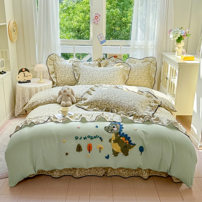 91家纺网 家纺一手货源 找家纺 （总）麋兔 2025新款双层纱毛巾绣花边四件套