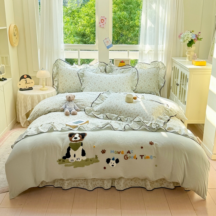 91家纺网 家纺一手货源 找家纺 （总）麋兔 2025新款双层纱毛巾绣花边四件套