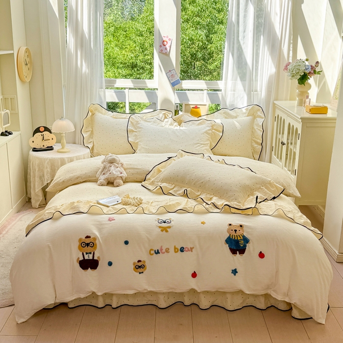 91家纺网 家纺一手货源 找家纺 （总）麋兔 2025新款双层纱毛巾绣花边四件套