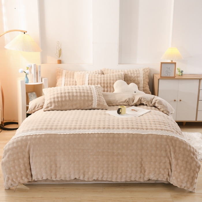 91家纺网 家纺一手货源 找家纺 米瑞娜 2025新款泡泡绒四件套 泡泡-卡其