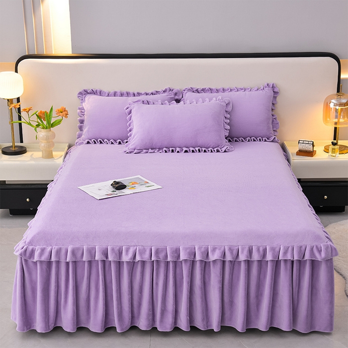 91家纺网 家纺一手货源 找家纺 （总）优家居 2025新款纯色韩版花边牛奶绒床裙床罩加厚直播外贸可定做