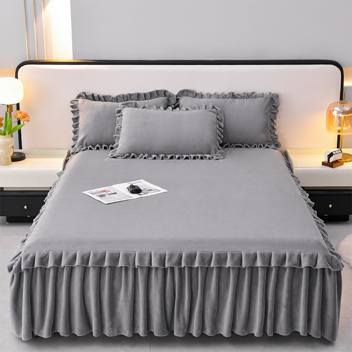 优家居 2025新款纯色韩版花边牛奶绒床裙床罩加厚直播外贸可定做 盛世-银灰