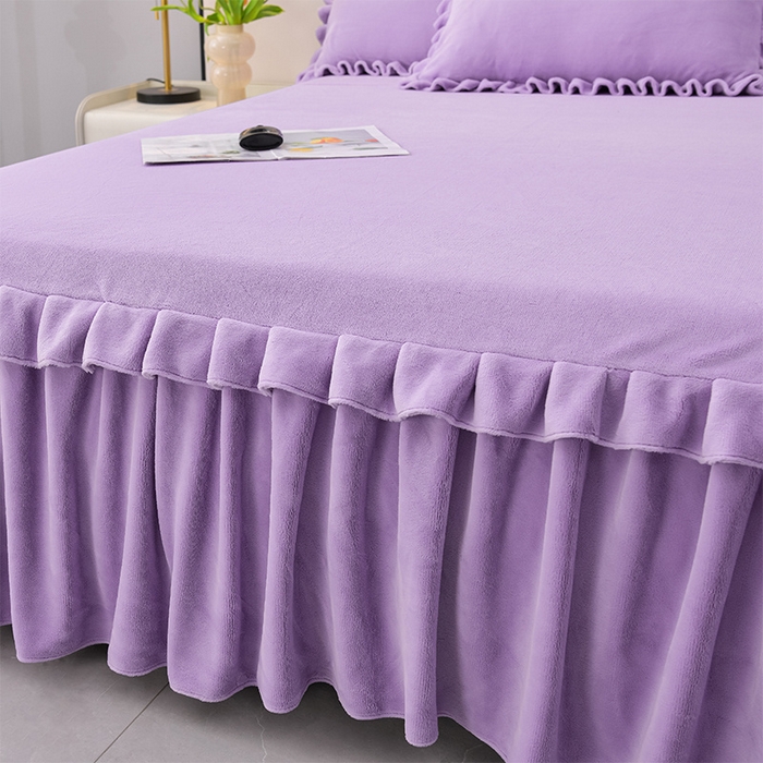 91家纺网 家纺一手货源 找家纺 优家居 2025新款纯色韩版花边牛奶绒床裙床罩加厚直播外贸可定做 盛世-魅紫