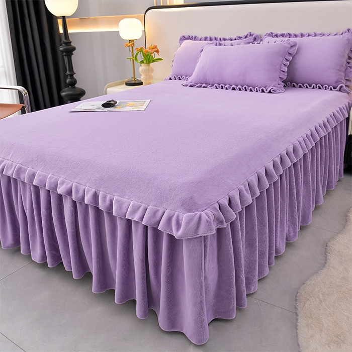 91家纺网 家纺一手货源 找家纺 优家居 2025新款纯色韩版花边牛奶绒床裙床罩加厚直播外贸可定做 盛世-魅紫